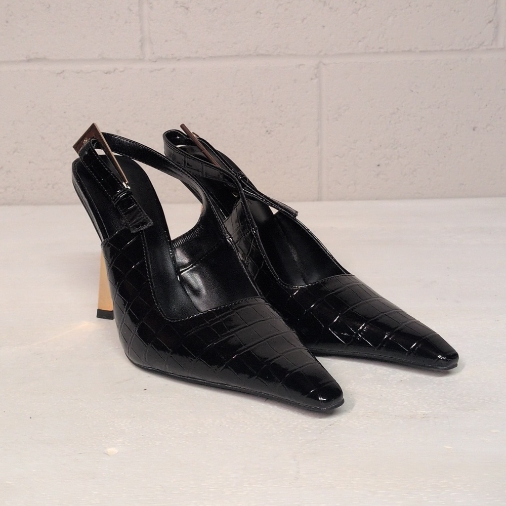 90s Minimalism Black Crocodile Slingback Heel Stiletto Size 7, CBK Style - Picture 7 of 8